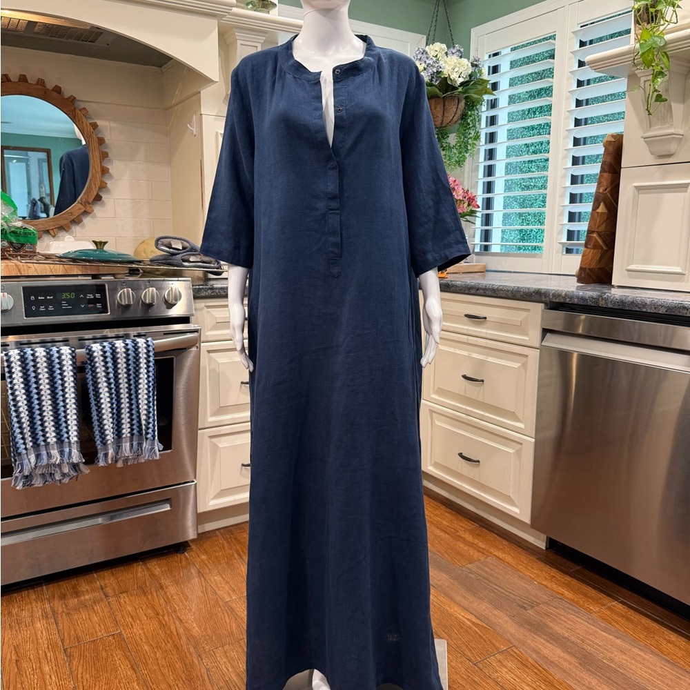 100% Midnight Linen Navy Blue Caftan Elegant, Effortless in 100% Luxe